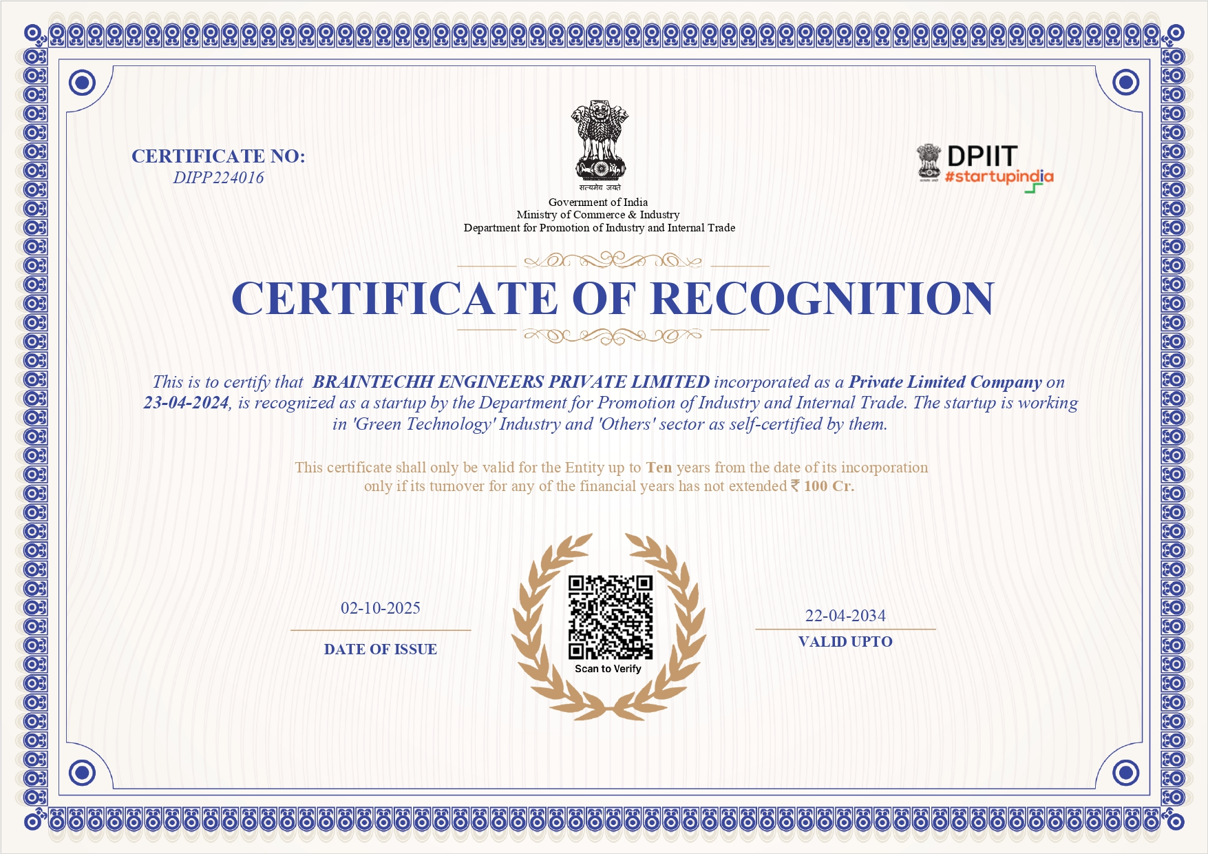Certificate of Recognition - DPIIT Startup India